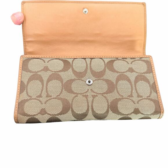Coach Signature Canvas Tan Leather Trifold Wallet Khaki Beige - Picture 5 of 12